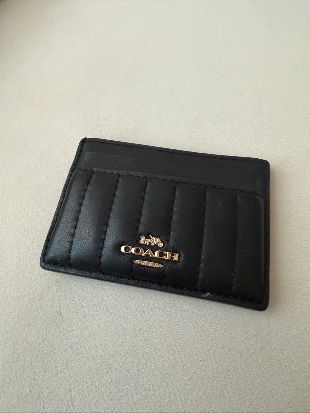 COACH Black Quilted Leather Card Holder with Gold Logo